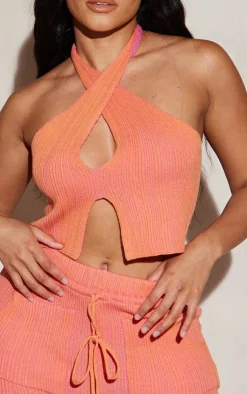 Best PrettyLittleThing Shape Knit Contrast Halter Neck Crop Top Pink