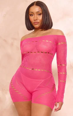 PrettyLittleThing Unitards*Shape Pink Knit Sheer Bardot Unitard
