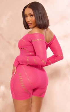 PrettyLittleThing Unitards*Shape Pink Knit Sheer Bardot Unitard