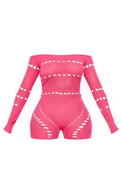 PrettyLittleThing Unitards*Shape Pink Knit Sheer Bardot Unitard
