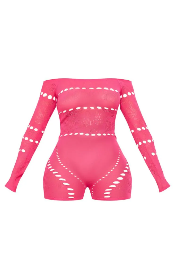 PrettyLittleThing Unitards*Shape Pink Knit Sheer Bardot Unitard