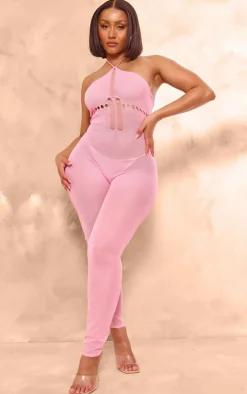 Shape Pink Knit Sheer Halterneck Jumpsuit-PrettyLittleThing Outlet