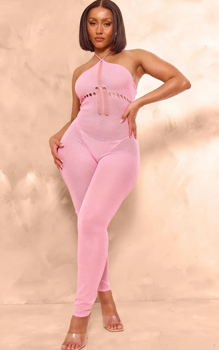 Shape Pink Knit Sheer Halterneck Jumpsuit-PrettyLittleThing Outlet