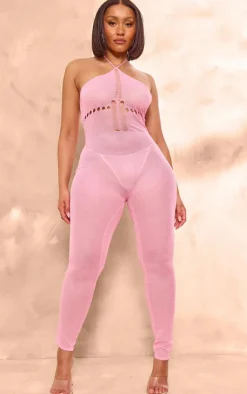 Shape Pink Knit Sheer Halterneck Jumpsuit-PrettyLittleThing Outlet