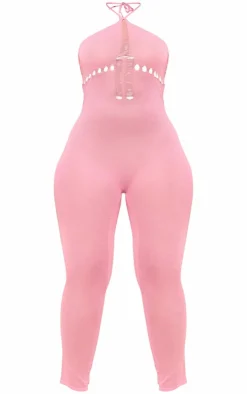 Shape Pink Knit Sheer Halterneck Jumpsuit-PrettyLittleThing Outlet