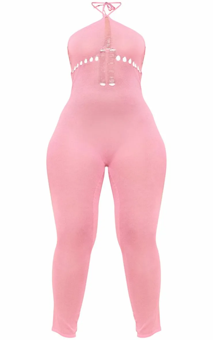 Shape Pink Knit Sheer Halterneck Jumpsuit-PrettyLittleThing Outlet