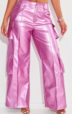 New PrettyLittleThing Shape Metallic Faux Leather Cargo Pants Pink