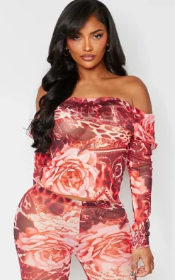 Outlet PrettyLittleThing Shape Printed Mesh Bardot Foldover Top Pink