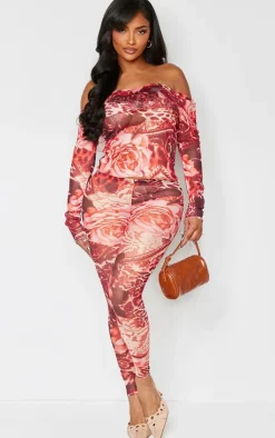 Outlet PrettyLittleThing Shape Printed Mesh Bardot Foldover Top Pink