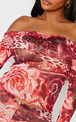 Outlet PrettyLittleThing Shape Printed Mesh Bardot Foldover Top Pink