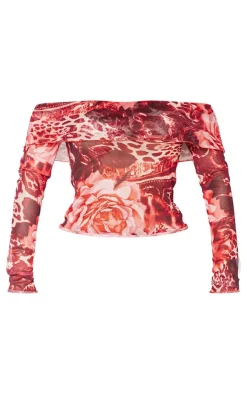 Outlet PrettyLittleThing Shape Printed Mesh Bardot Foldover Top Pink