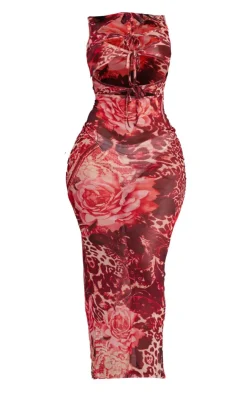 Shape Printed Mesh Sleeveless Tie Front Cut Out Maxi Dress-PrettyLittleThing Outlet