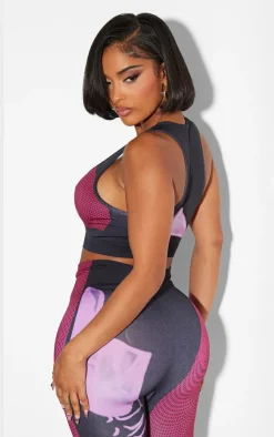 Online PrettyLittleThing Shape Printed Seamless High Front Crop Top Pink