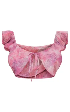 Online PrettyLittleThing Shape Printed Woven Printed Tie Front Bralet Pink