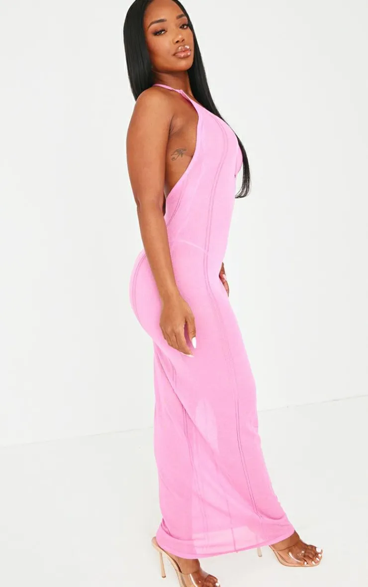 Shape Pink Sheer Knitted Low Back Ring Detail Maxi Dress-PrettyLittleThing Sale