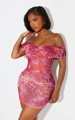 Shape Tropical Printed Mesh Bardot Bodycon Dress-PrettyLittleThing Online
