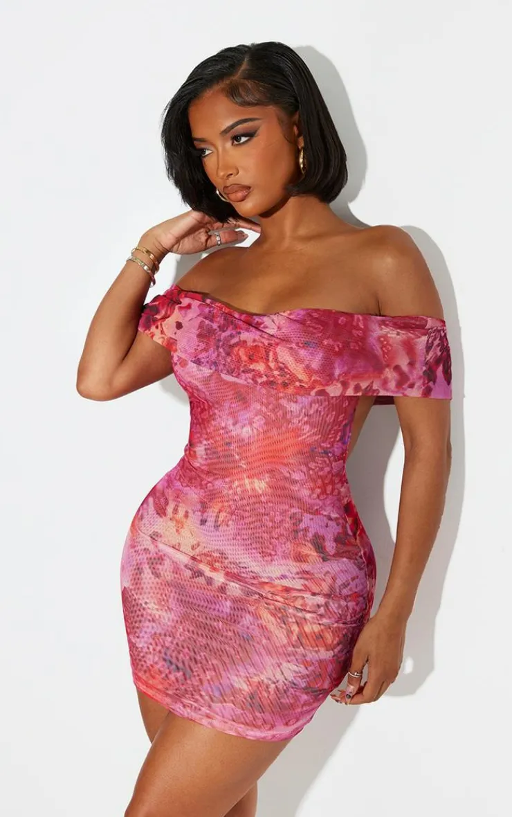 Shape Tropical Printed Mesh Bardot Bodycon Dress-PrettyLittleThing Online