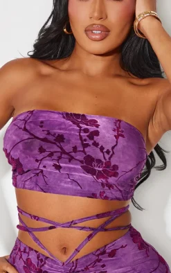 Online PrettyLittleThing Shape Devore Knot Front Bralet Plum