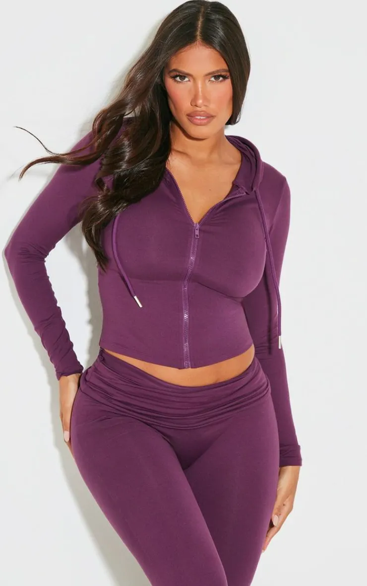Sale PrettyLittleThing Shape Stretch Sculpted Zip Through Hoodie Plum