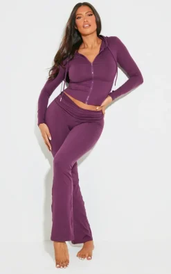 New PrettyLittleThing Shape Stretch Sculpted Foldover Waist Flare Pants Plum