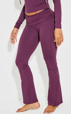 New PrettyLittleThing Shape Stretch Sculpted Foldover Waist Flare Pants Plum
