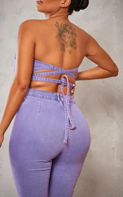Shape Purple Acid Wash Cup Detail Tie Back Denim Jumpsuit