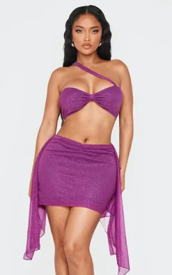 Discount PrettyLittleThing Shape Glitter Asymmetric Bralette Purple