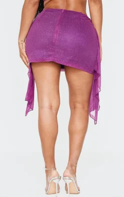 Online PrettyLittleThing Shape Glitter Deep V Front Drape Side Mini Skirt Purple
