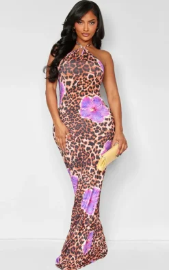 Shape Leopard Printed Slinky Halterneck Ruched Bum Maxi Dress-PrettyLittleThing