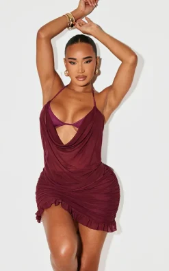 Online PrettyLittleThing Shape Mesh Halter Cowl Neck Top Purple