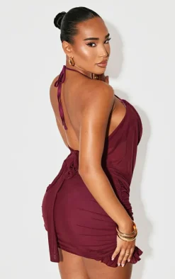 Online PrettyLittleThing Shape Mesh Halter Cowl Neck Top Purple