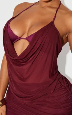Online PrettyLittleThing Shape Mesh Halter Cowl Neck Top Purple