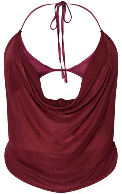 Online PrettyLittleThing Shape Mesh Halter Cowl Neck Top Purple