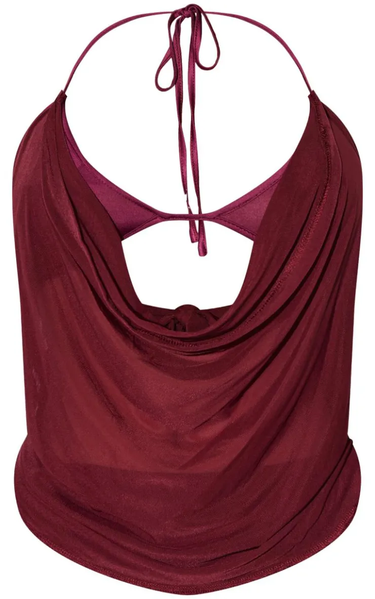 Online PrettyLittleThing Shape Mesh Halter Cowl Neck Top Purple