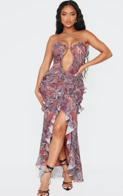 Shape Paisley Print Plunge Frill Hem Front Split Maxi Dress-PrettyLittleThing New