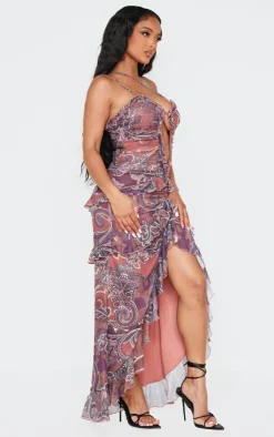 Shape Paisley Print Plunge Frill Hem Front Split Maxi Dress-PrettyLittleThing New