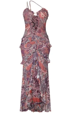 Shape Paisley Print Plunge Frill Hem Front Split Maxi Dress-PrettyLittleThing New