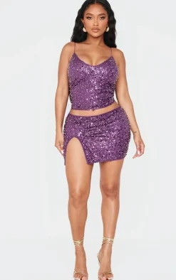 Hot PrettyLittleThing Shape Pearl Sequin Low Rise Side Split Mini Skirt Purple
