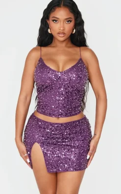 Hot PrettyLittleThing Shape Pearl Sequin Low Rise Side Split Mini Skirt Purple