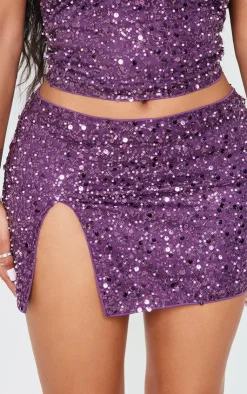 Hot PrettyLittleThing Shape Pearl Sequin Low Rise Side Split Mini Skirt Purple