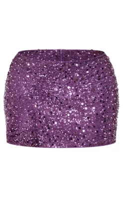 Hot PrettyLittleThing Shape Pearl Sequin Low Rise Side Split Mini Skirt Purple