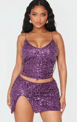 Online PrettyLittleThing Shape Pearl Sequin Strappy Cami Top Purple