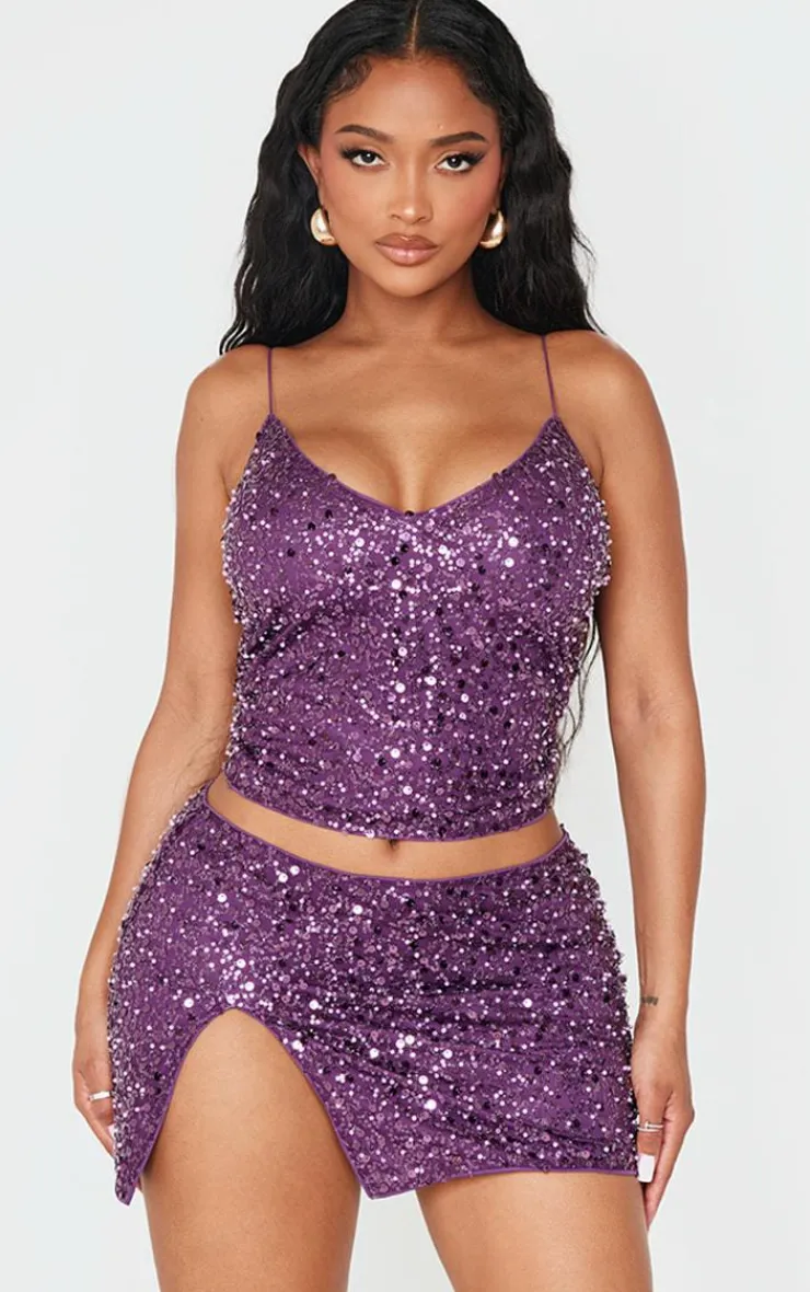 Online PrettyLittleThing Shape Pearl Sequin Strappy Cami Top Purple