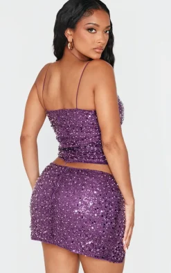Online PrettyLittleThing Shape Pearl Sequin Strappy Cami Top Purple