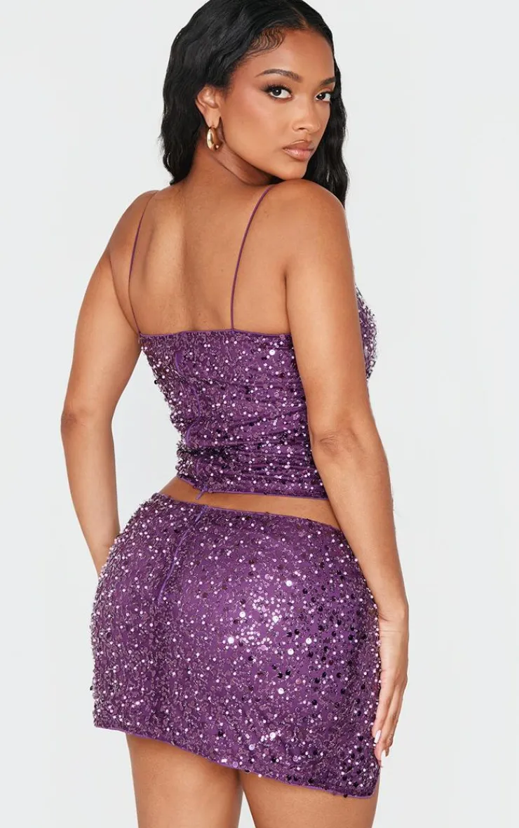Online PrettyLittleThing Shape Pearl Sequin Strappy Cami Top Purple