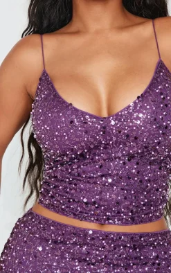 Online PrettyLittleThing Shape Pearl Sequin Strappy Cami Top Purple