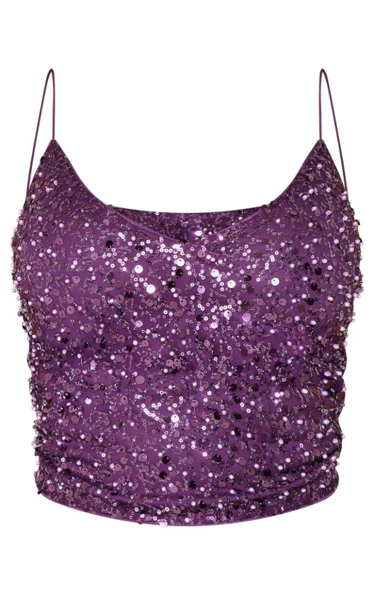Online PrettyLittleThing Shape Pearl Sequin Strappy Cami Top Purple