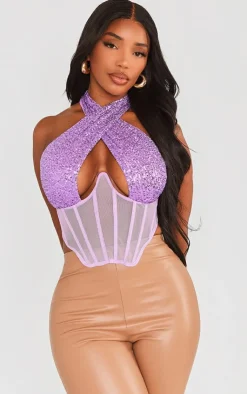 PrettyLittleThing Corsets*Shape Sequin Mesh Insert Wrap Neck Corset
