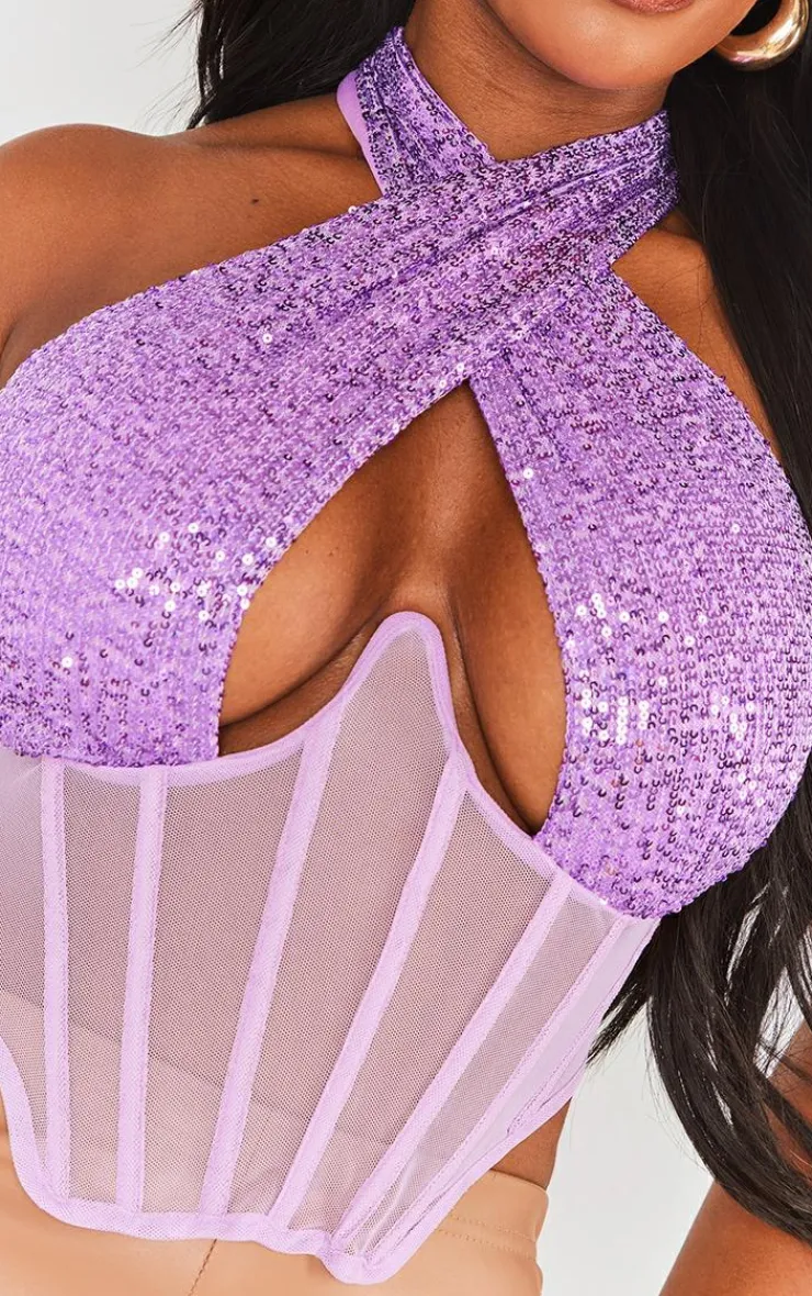 PrettyLittleThing Corsets*Shape Sequin Mesh Insert Wrap Neck Corset