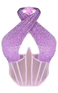PrettyLittleThing Corsets*Shape Sequin Mesh Insert Wrap Neck Corset